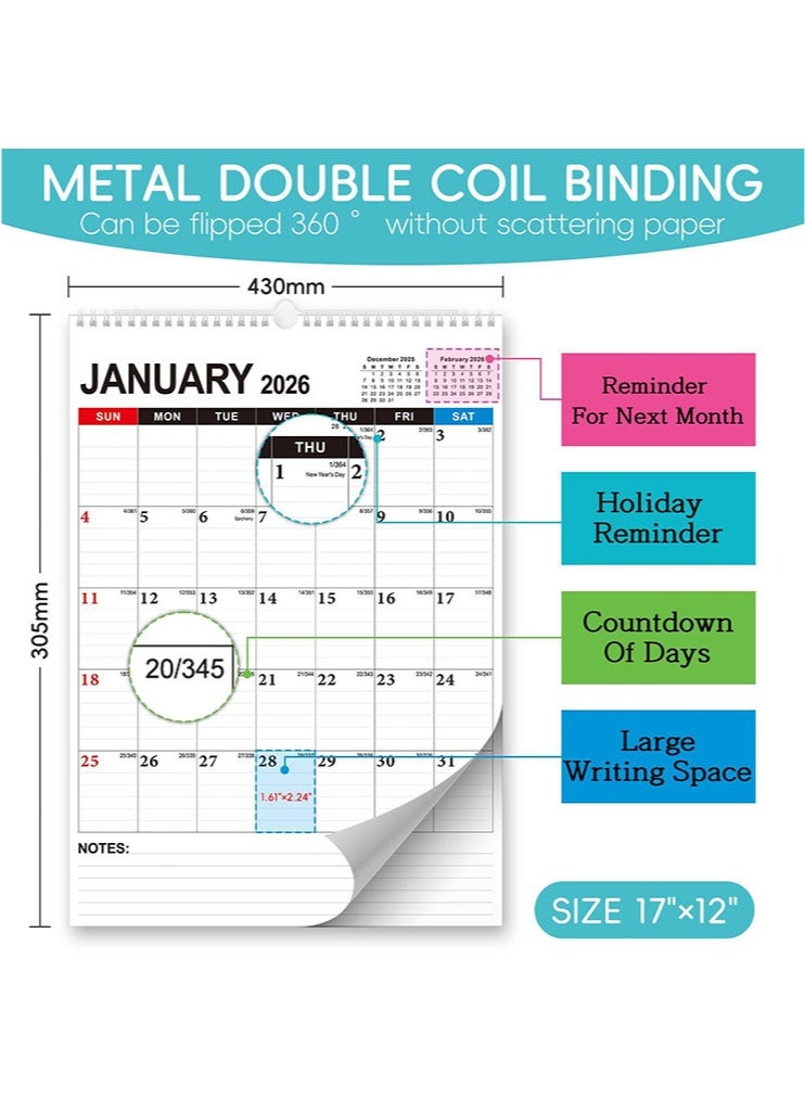 2026 Wall Calendar, Large Vertical 18 Monthly Calendar with Hanging Hook 2026, Wall Calendar Jan 2026 - Jun 2027, Twin-Wire Binding with Writing Block for Planning & Organizing, Premium Paper, Suitable for Keeping Important Dates, Perfect for Organizing - Image 2